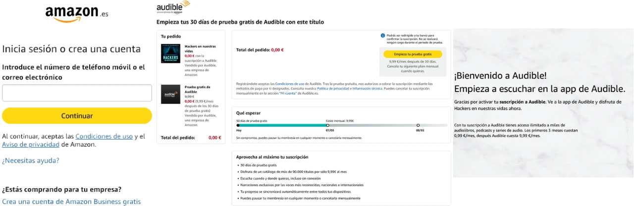 PASOS DE ACTIVACIÓN: 1. Entrar en enlace de Audible -> 2. Iniciar sesión con cuenta de Amazon -> 3. Activar periodo de prueba gratis -> 4. Cancelar renovación online en un clic si se desea.